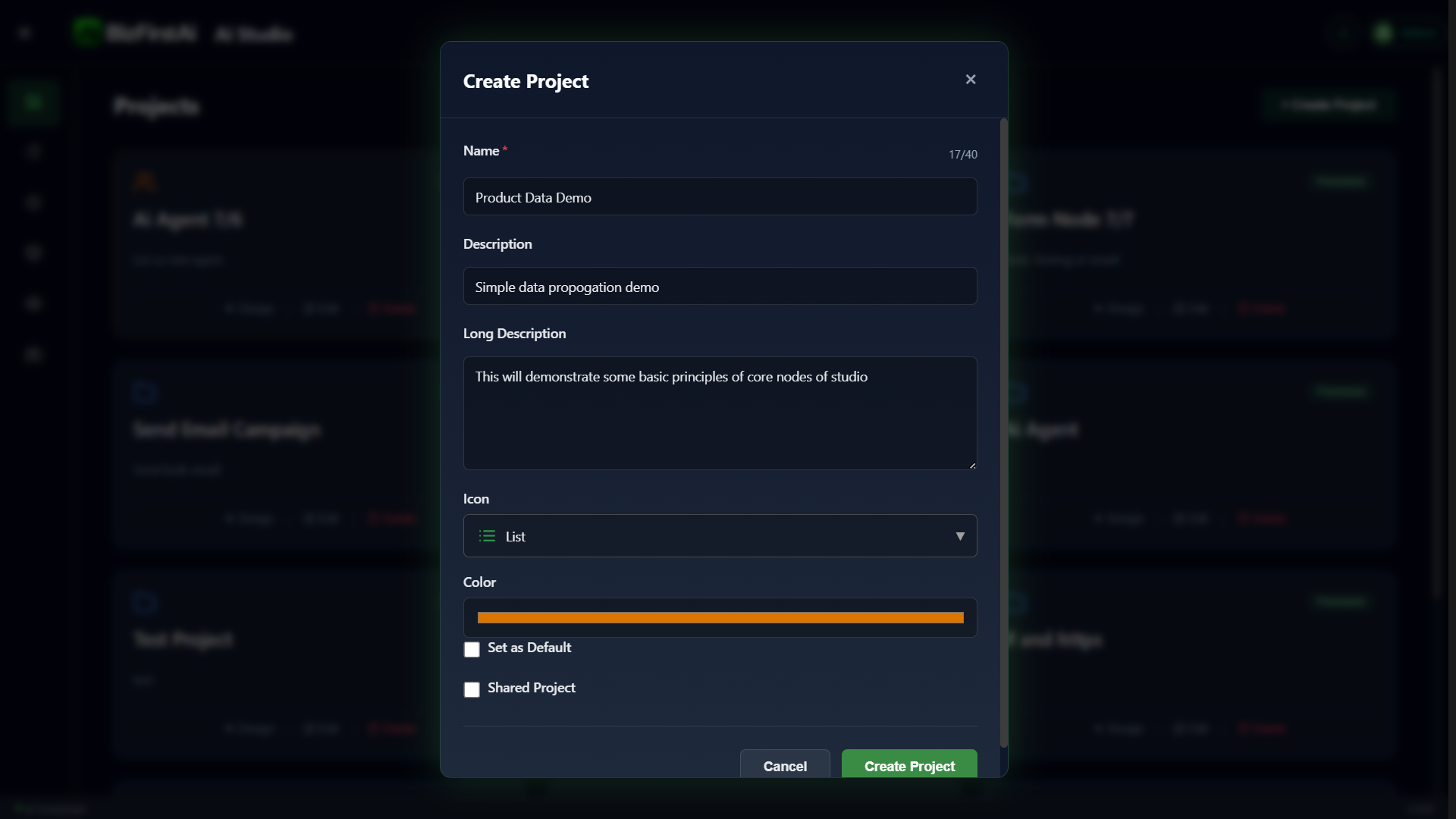 Create Project modal filled in