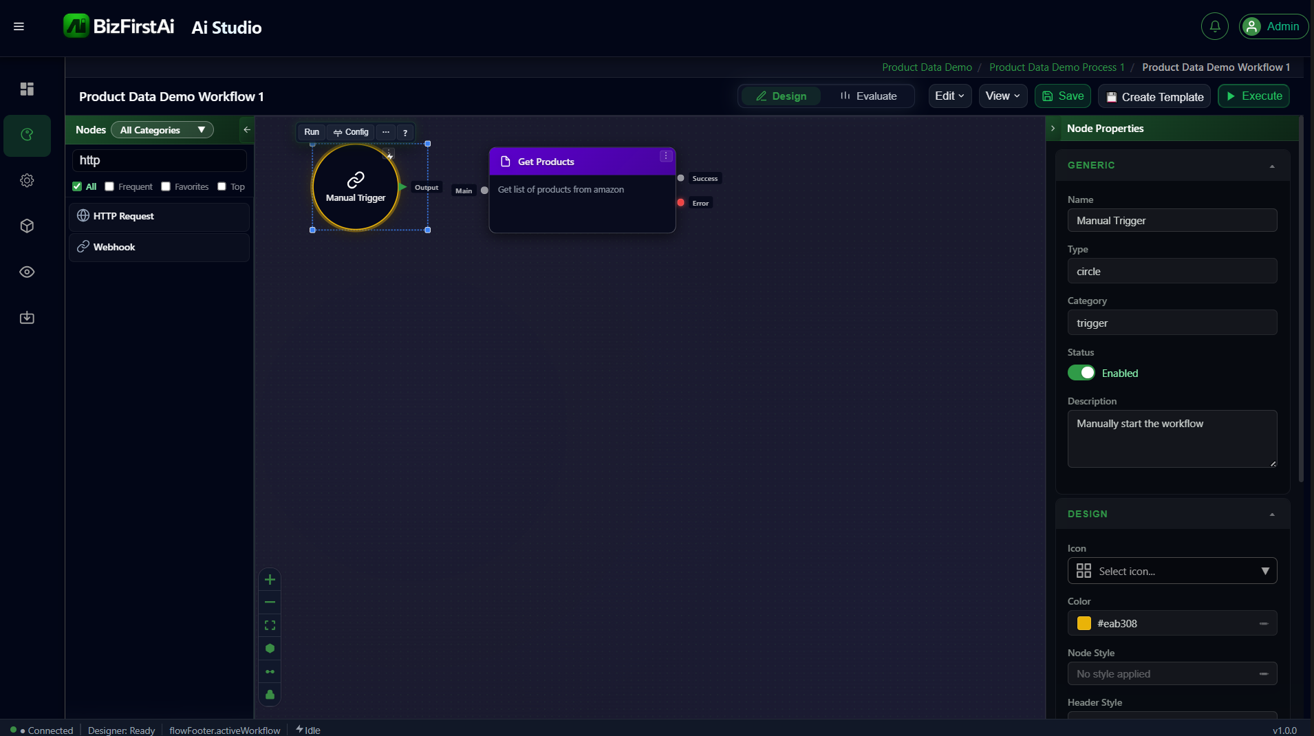 HTTP Request node renamed to Get Products
