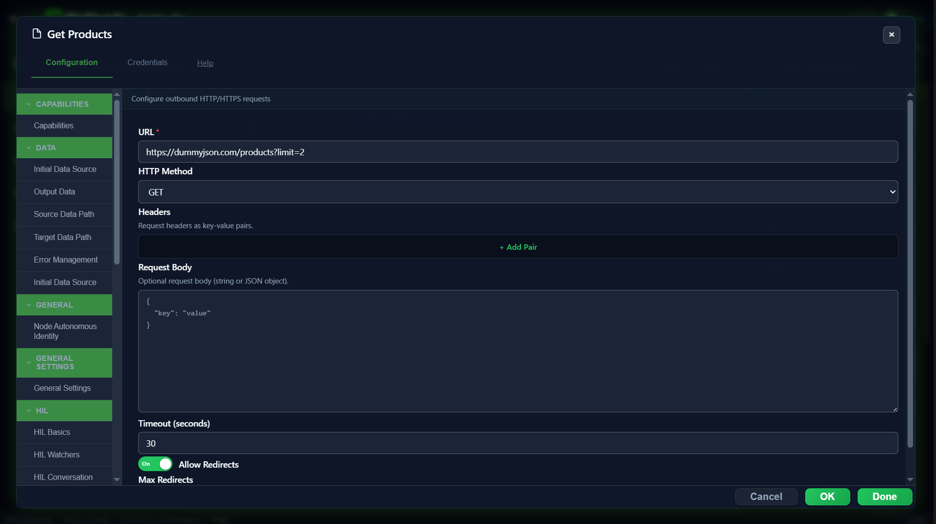 HTTP Request configuration tab