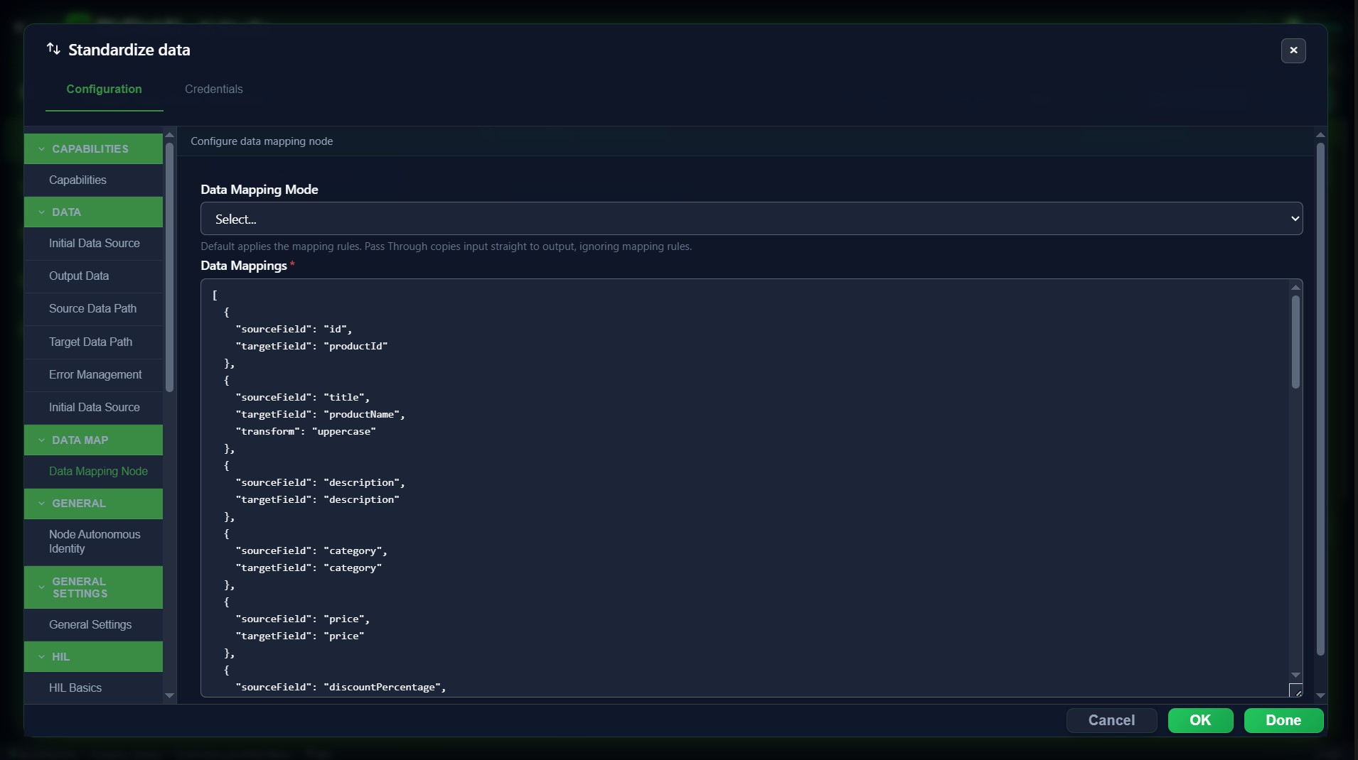 Data Mapping configuration showing dataMappings JSON